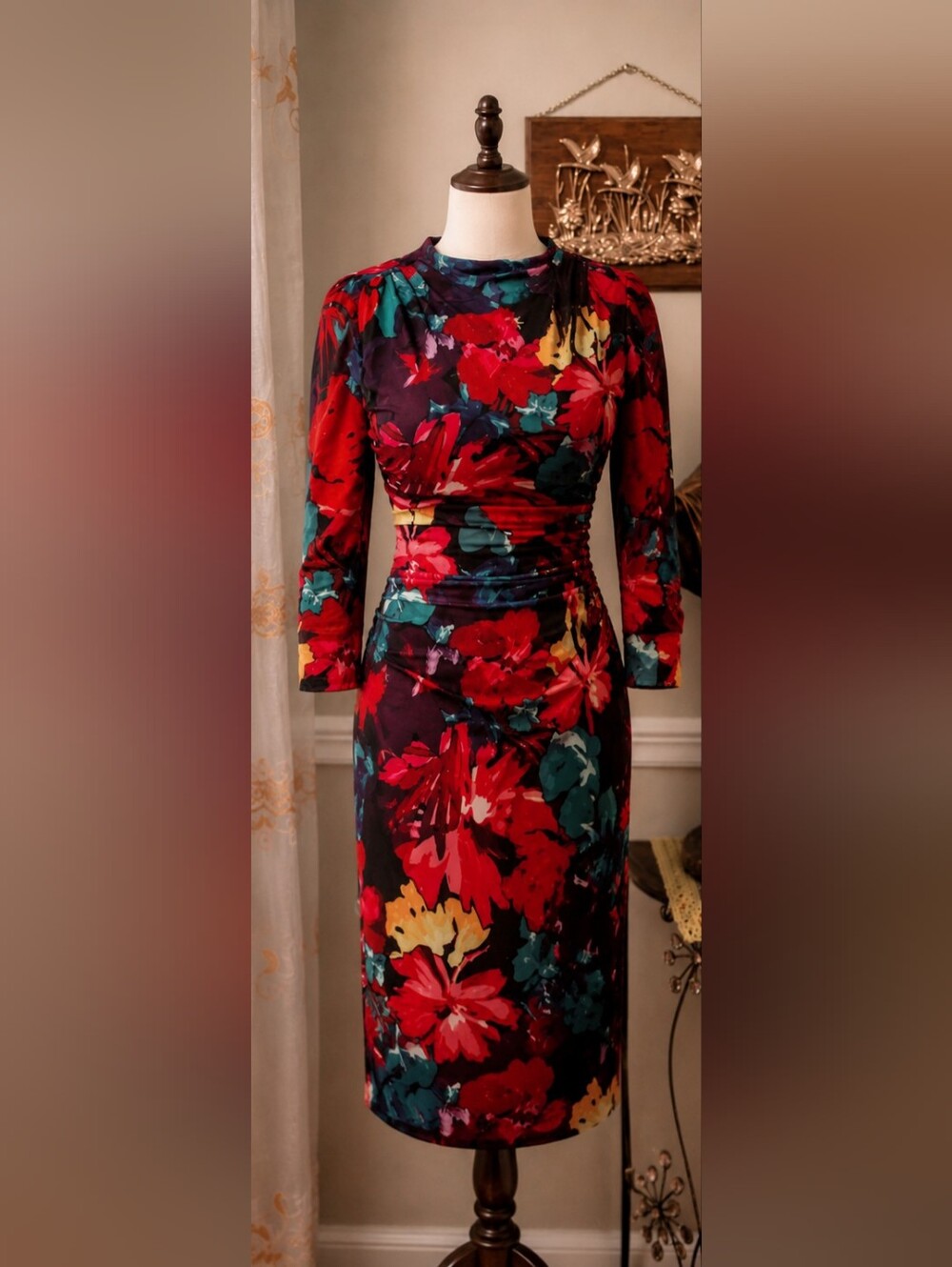 Floral Long Sleeve Maxi Dress in Red Multi